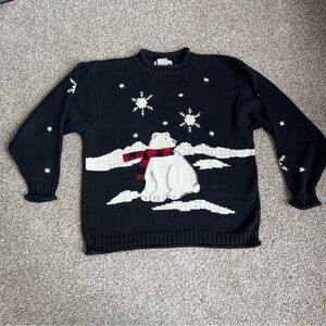 Black/White Polar Bear Winter Christmas Ramie Cotton Mock Neck Sweater, Size L